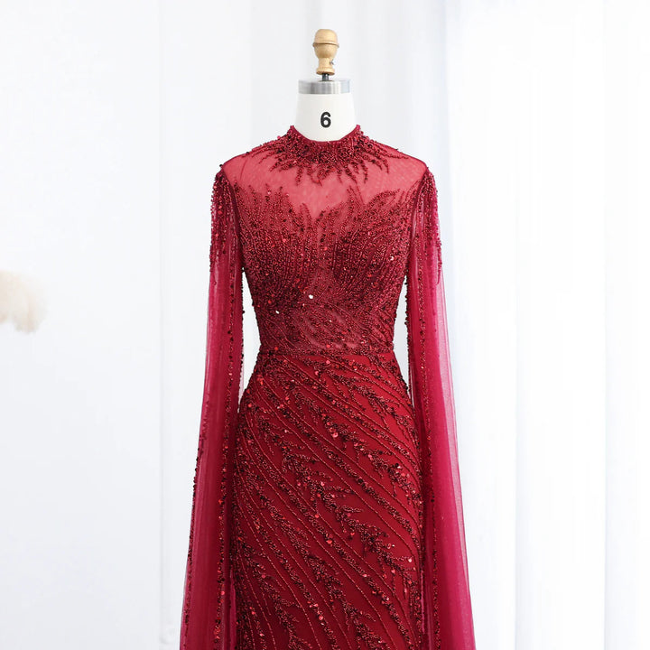 Luxury Black Nude Mermaid Evening Dresses with Cape Sleeves SS162