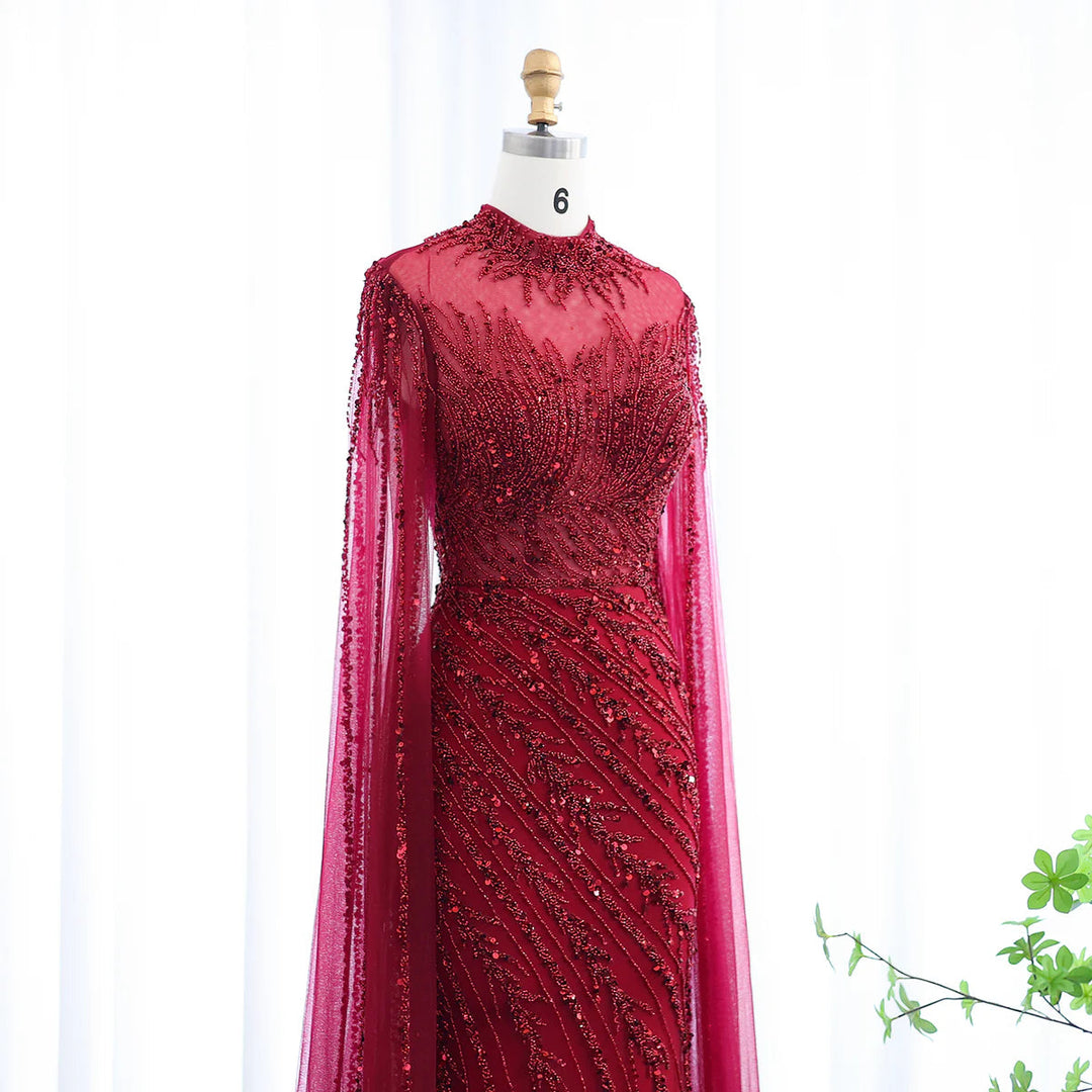 Luxury Black Nude Mermaid Evening Dresses with Cape Sleeves SS162