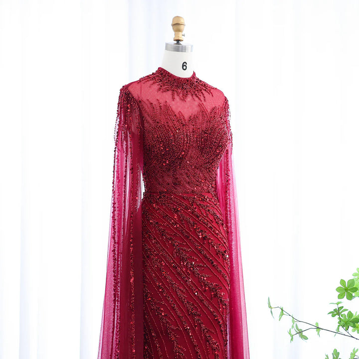 Luxury Black Nude Mermaid Evening Dresses with Cape Sleeves SS162