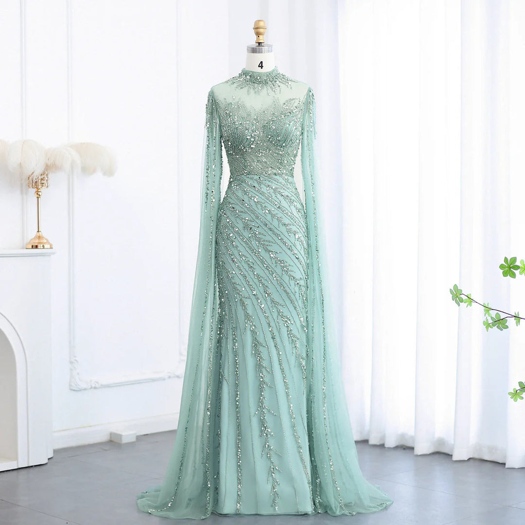 Luxury Black Nude Mermaid Evening Dresses with Cape Sleeves SS162