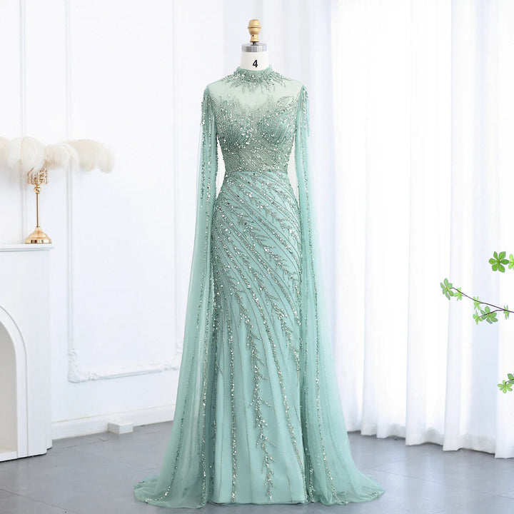 Luxury Black Nude Mermaid Evening Dresses with Cape Sleeves SS162