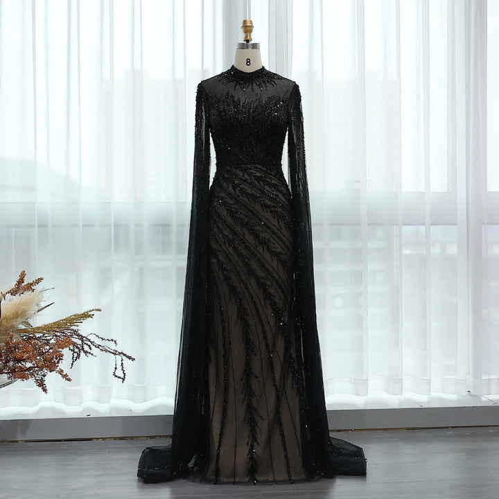 Luxury Black Nude Mermaid Evening Dresses with Cape Sleeves SS162
