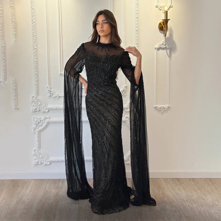 Luxury Black Nude Mermaid Evening Dresses with Cape Sleeves SS162