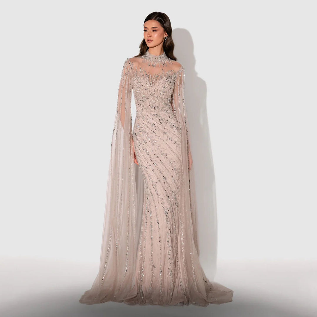 Luxury Black Nude Mermaid Evening Dresses with Cape Sleeves SS162