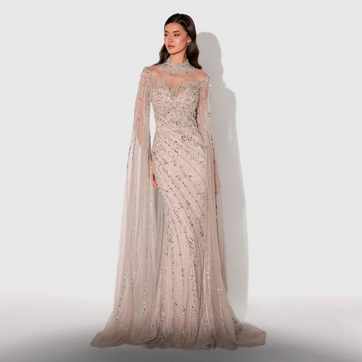 Luxury Black Nude Mermaid Evening Dresses with Cape Sleeves SS162