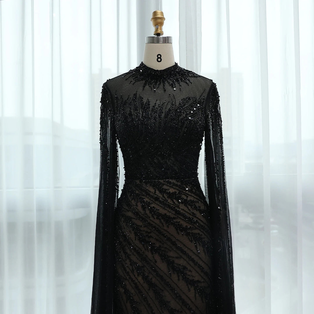 Luxury Black Nude Mermaid Evening Dresses with Cape Sleeves SS162