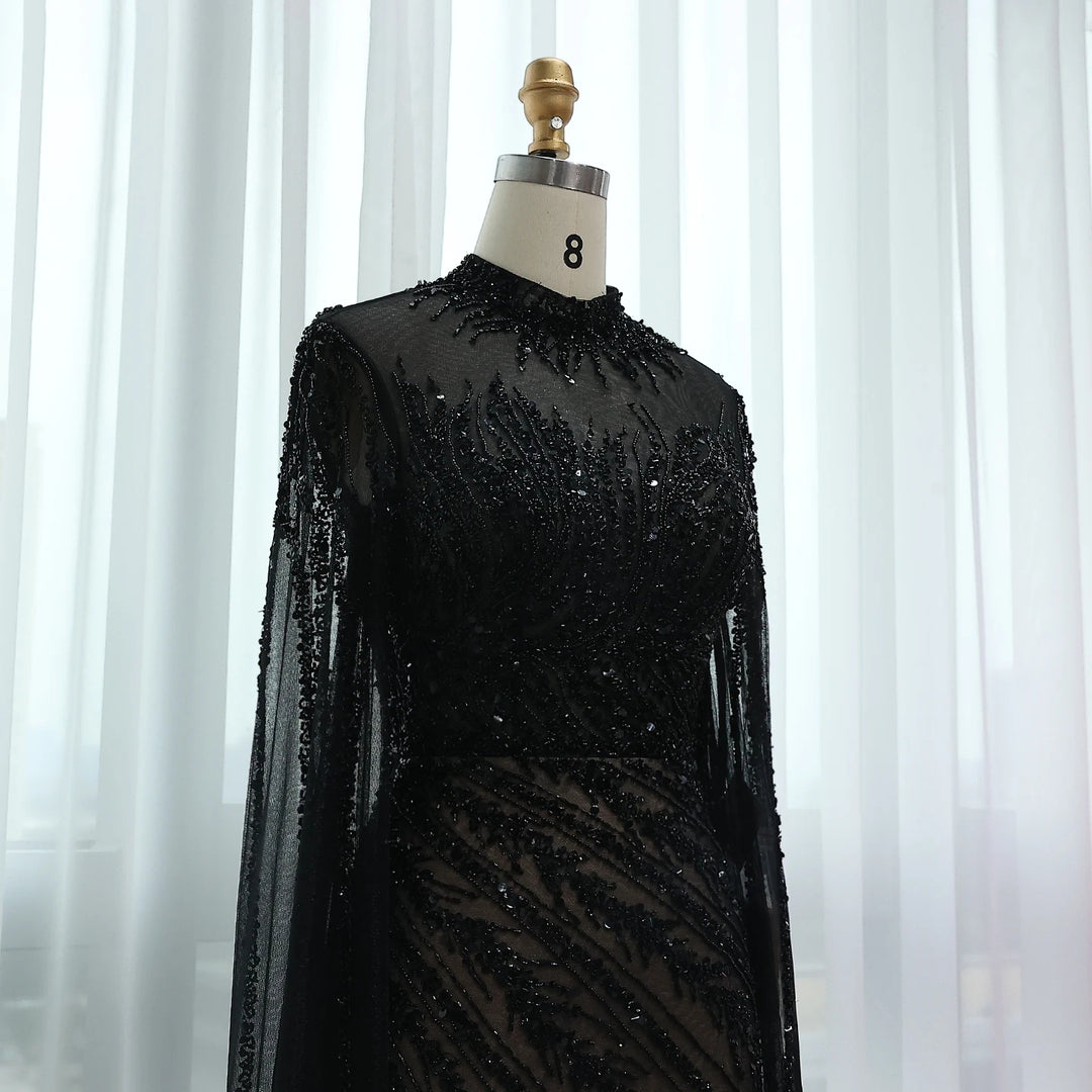 Luxury Black Nude Mermaid Evening Dresses with Cape Sleeves SS162