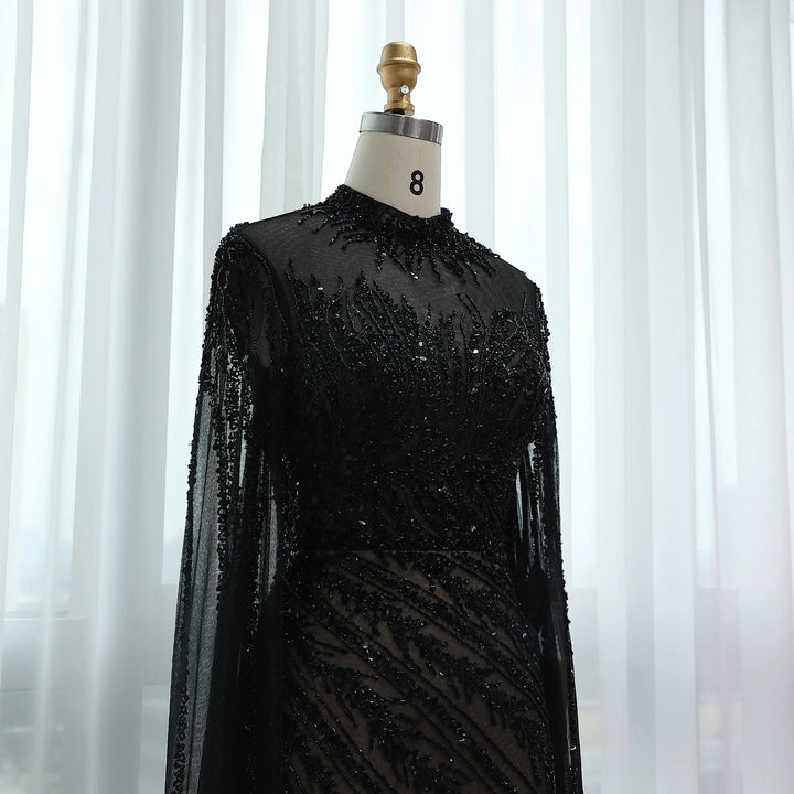 Luxury Black Nude Mermaid Evening Dresses with Cape Sleeves SS162