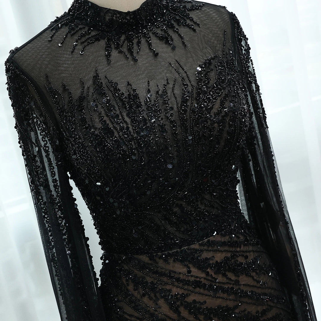 Luxury Black Nude Mermaid Evening Dresses with Cape Sleeves SS162