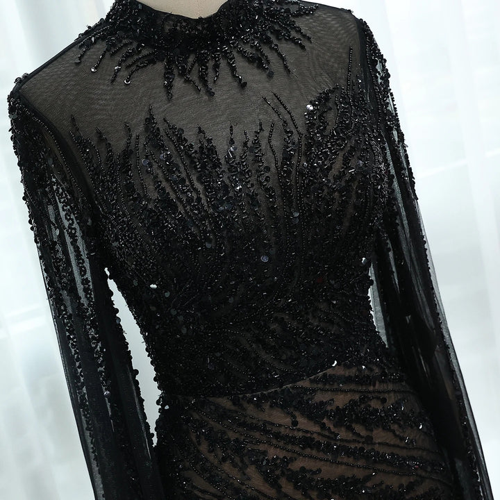 Luxury Black Nude Mermaid Evening Dresses with Cape Sleeves SS162
