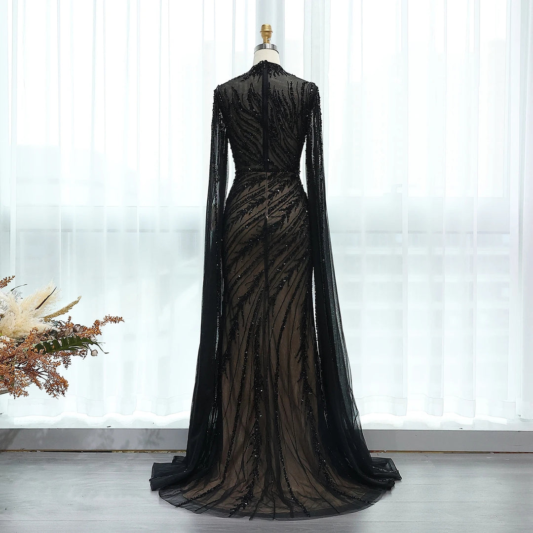 Luxury Black Nude Mermaid Evening Dresses with Cape Sleeves SS162