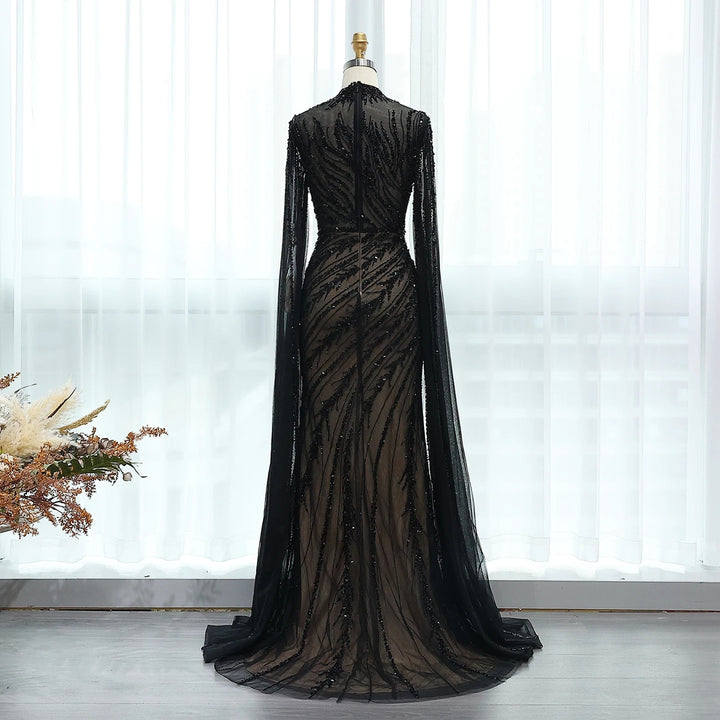 Luxury Black Nude Mermaid Evening Dresses with Cape Sleeves SS162