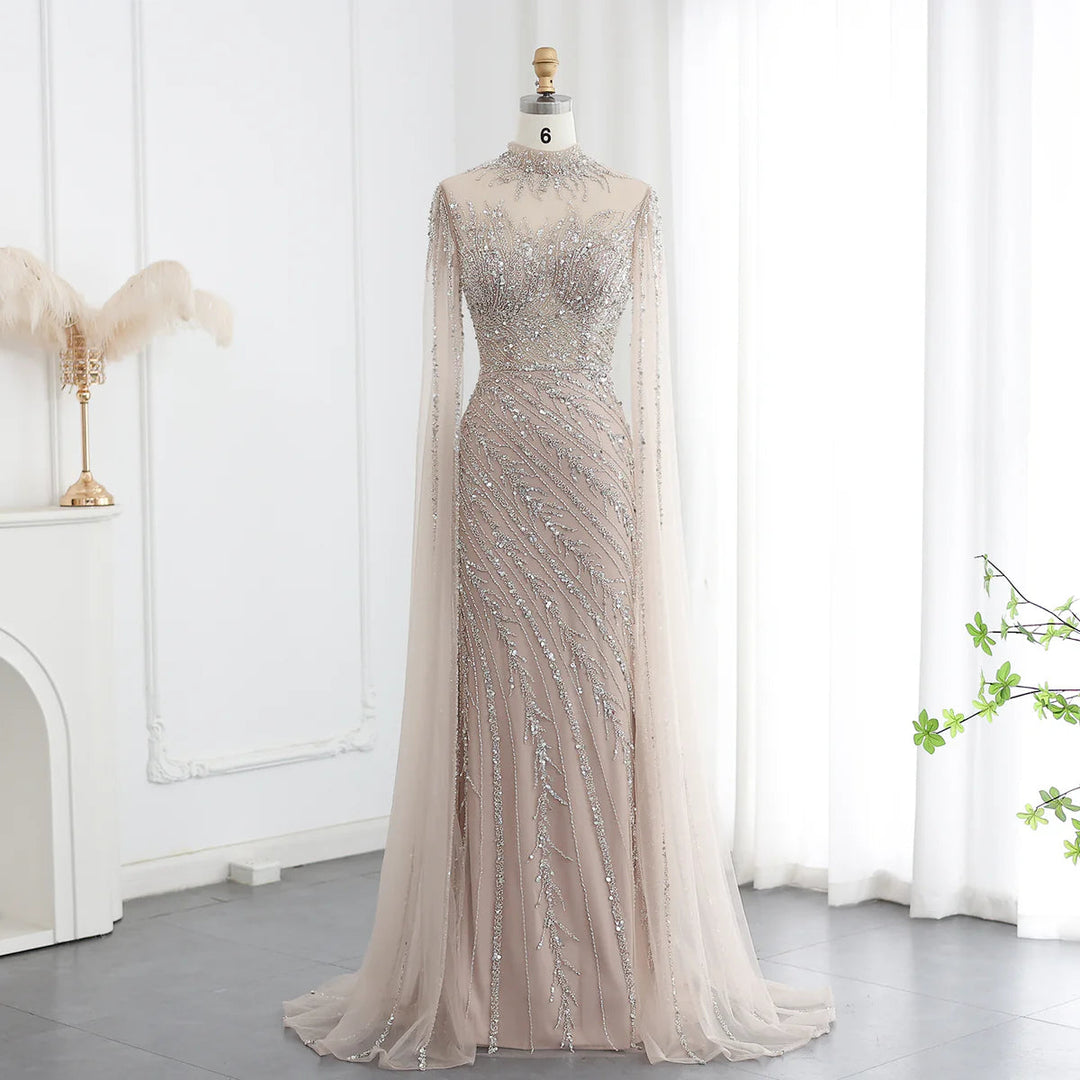 Luxury Black Nude Mermaid Evening Dresses with Cape Sleeves SS162