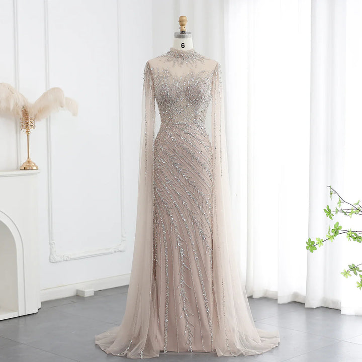 Luxury Black Nude Mermaid Evening Dresses with Cape Sleeves SS162