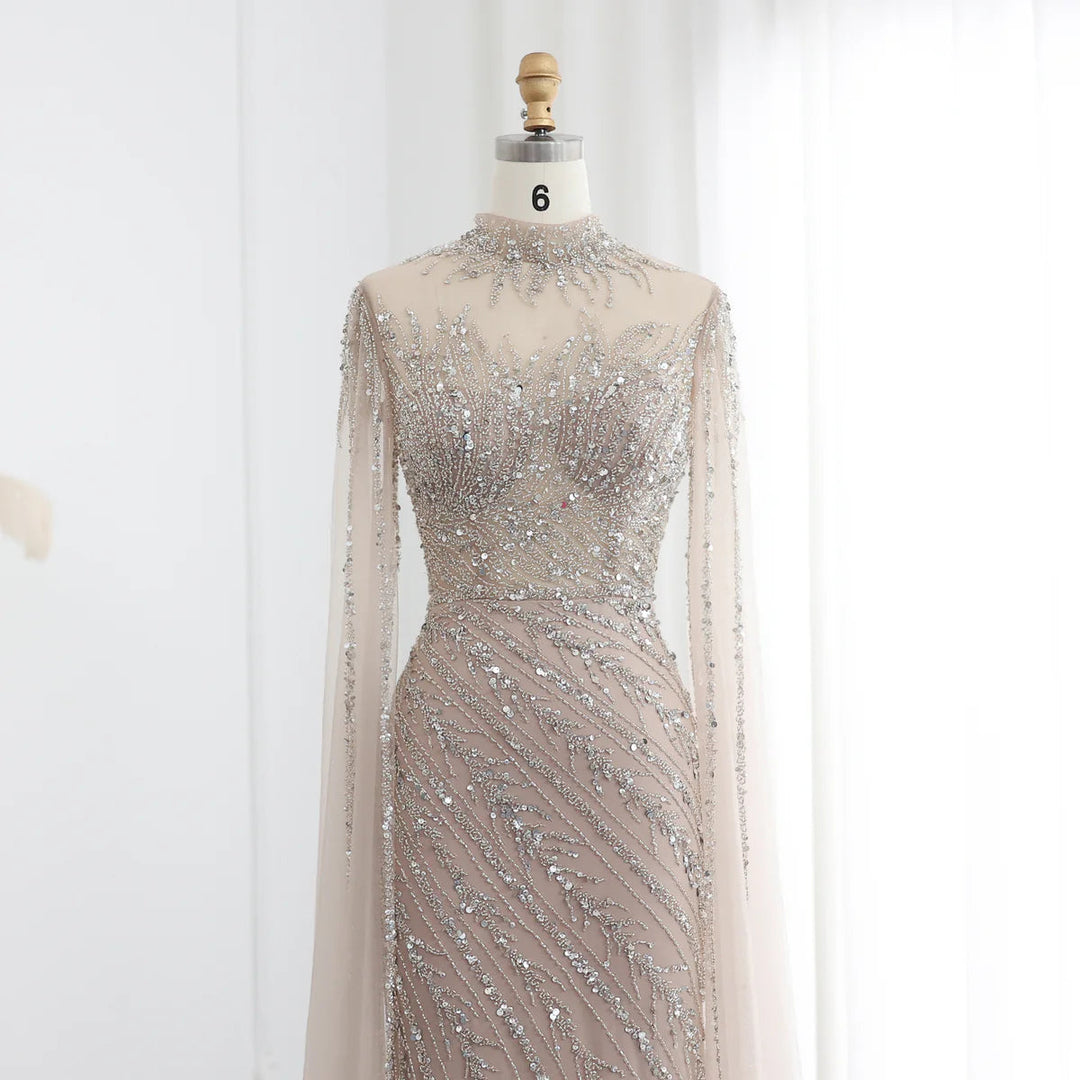 Luxury Black Nude Mermaid Evening Dresses with Cape Sleeves SS162