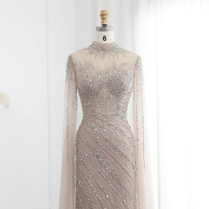 Luxury Black Nude Mermaid Evening Dresses with Cape Sleeves SS162