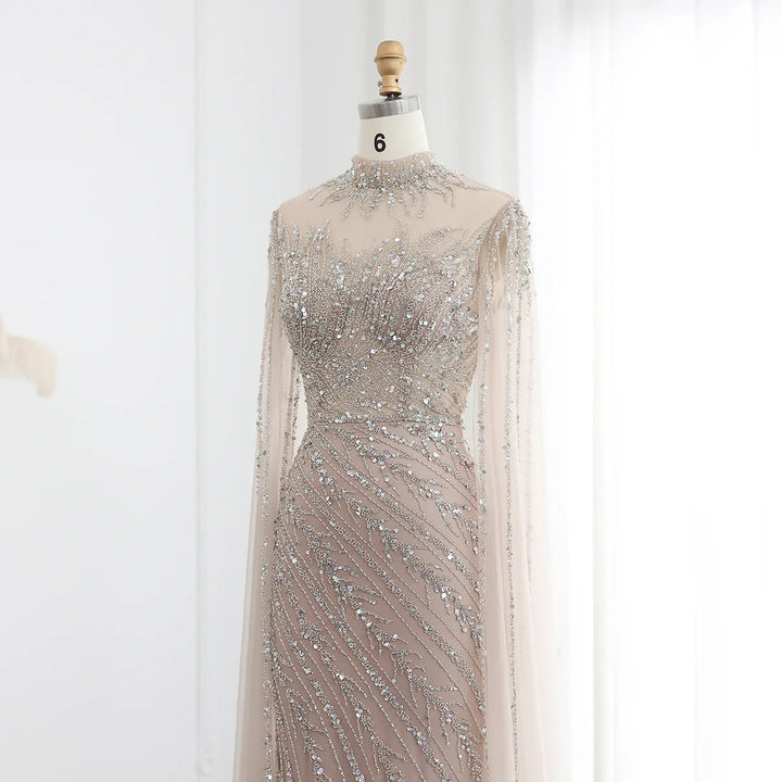 Luxury Black Nude Mermaid Evening Dresses with Cape Sleeves SS162