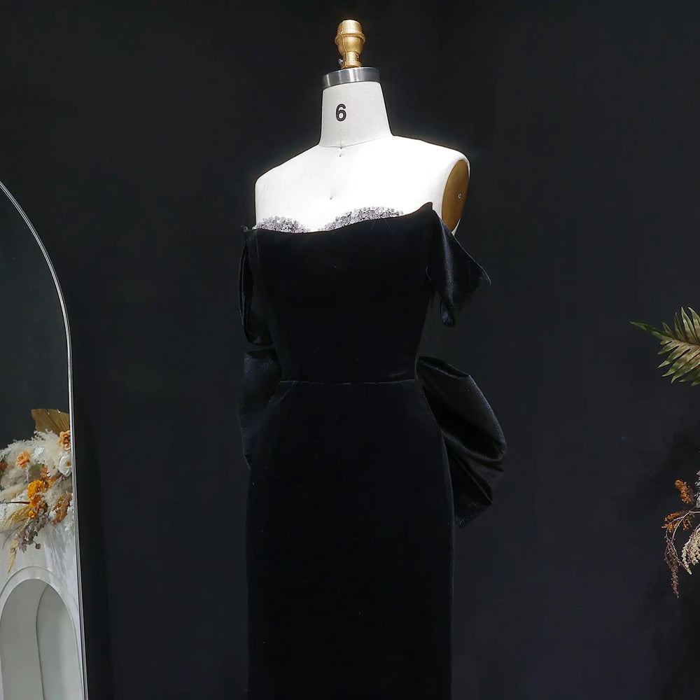 Luxury Black Velvet with Crystal Embellished Hem Evening Gown SS739-DreamyVow