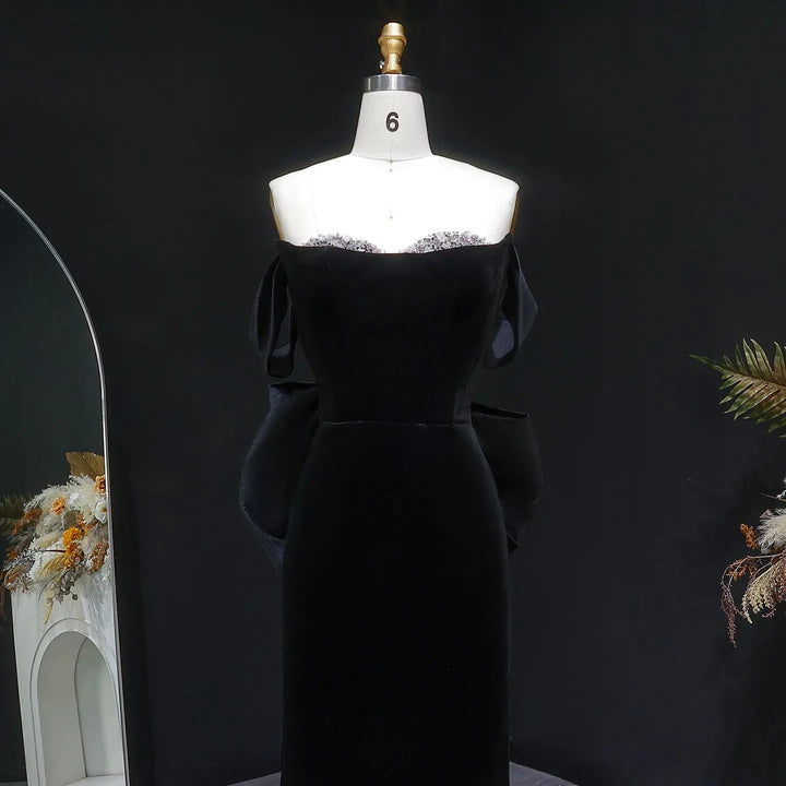 Luxury Black Velvet with Crystal Embellished Hem Evening Gown SS739-DreamyVow