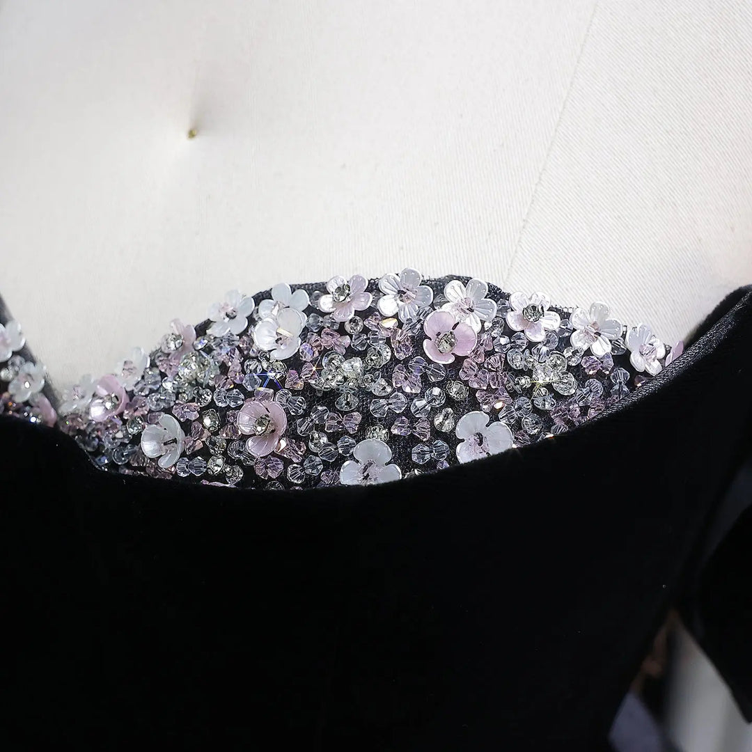 Luxury Black Velvet with Crystal Embellished Hem Evening Gown SS739-DreamyVow