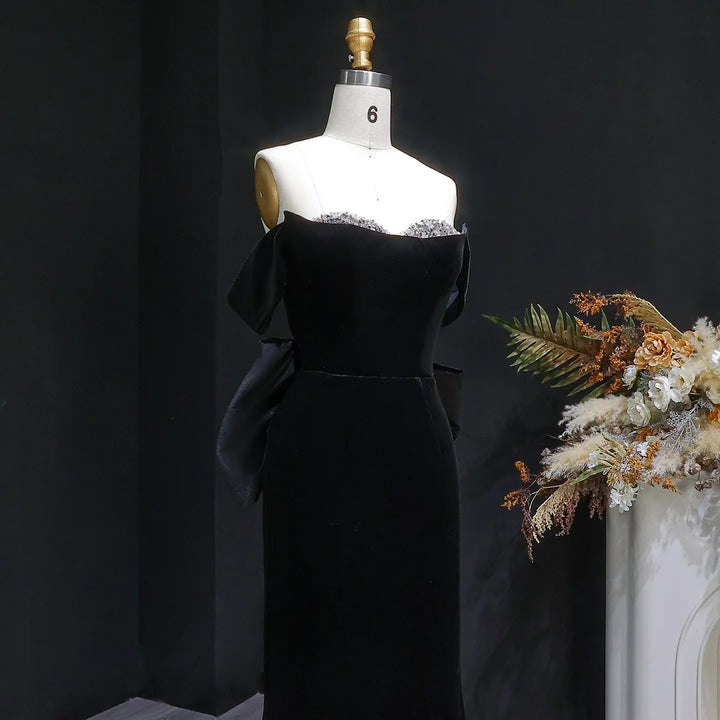 Luxury Black Velvet with Crystal Embellished Hem Evening Gown SS739-DreamyVow