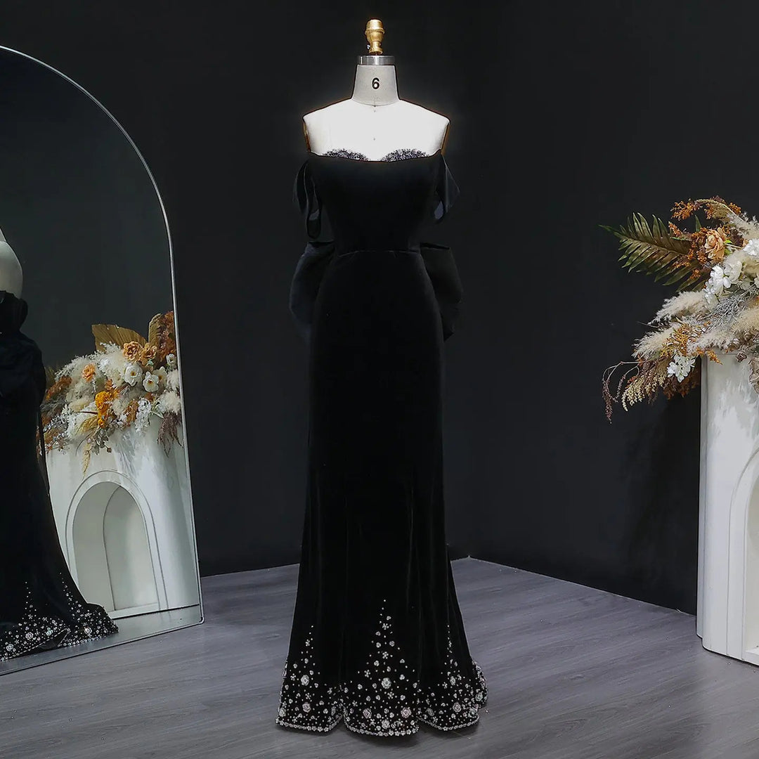Luxury Black Velvet with Crystal Embellished Hem Evening Gown SS739-DreamyVow