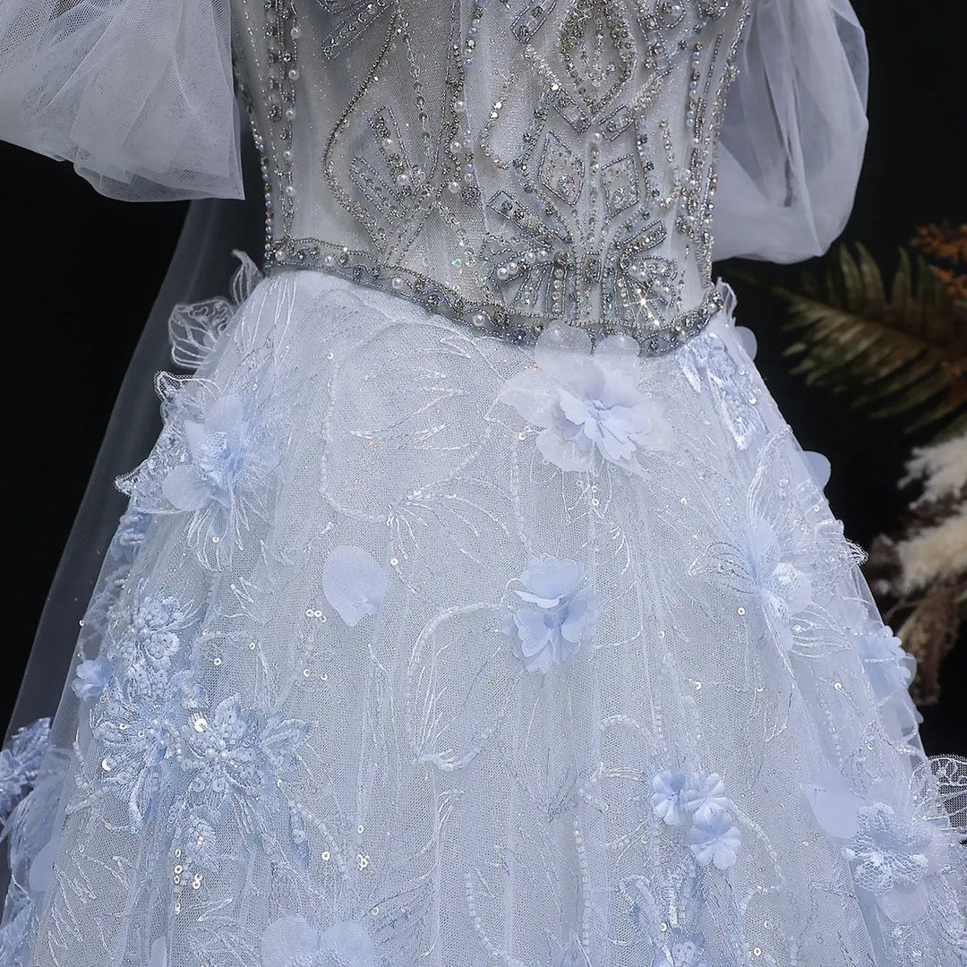 Luxury Blue 3D Floral Appliqué Ball Gown Beaded Evening Dress SS745-DreamyVow