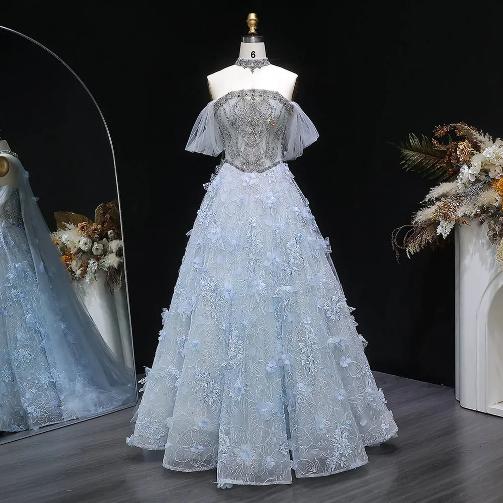 Luxury Blue 3D Floral Appliqué Ball Gown Beaded Evening Dress SS745-DreamyVow