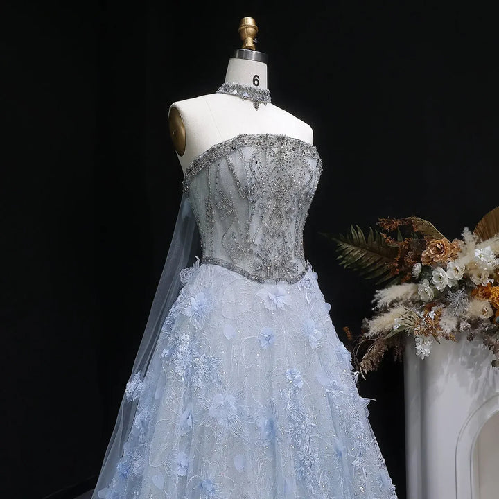 Luxury Blue 3D Floral Appliqué Ball Gown Beaded Evening Dress SS745-DreamyVow