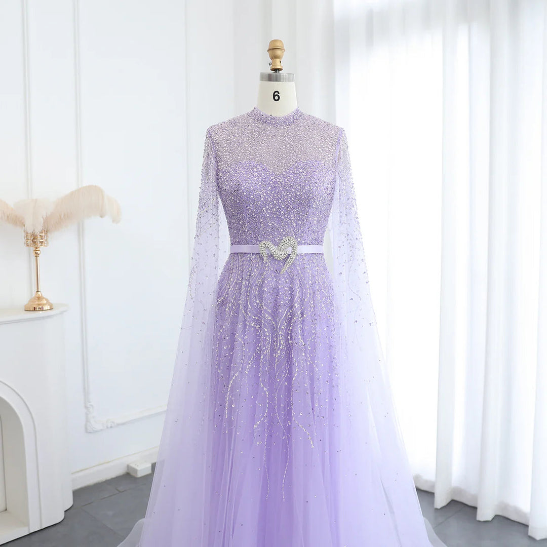 Luxury Blue Arabic Evening Dress with Cape Sleeves SS451
