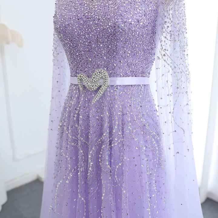 Luxury Blue Arabic Evening Dress with Cape Sleeves SS451
