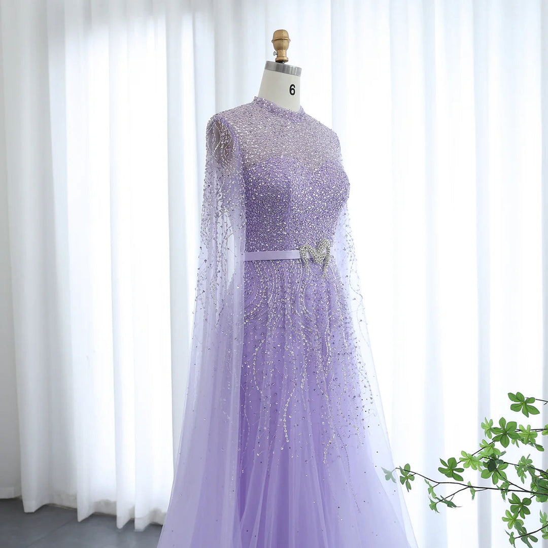 Luxury Blue Arabic Evening Dress with Cape Sleeves SS451
