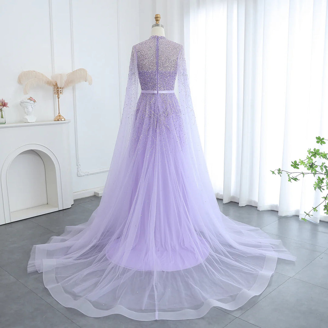 Luxury Blue Arabic Evening Dress with Cape Sleeves SS451