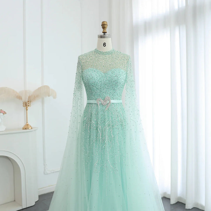 Luxury Blue Arabic Evening Dress with Cape Sleeves SS451