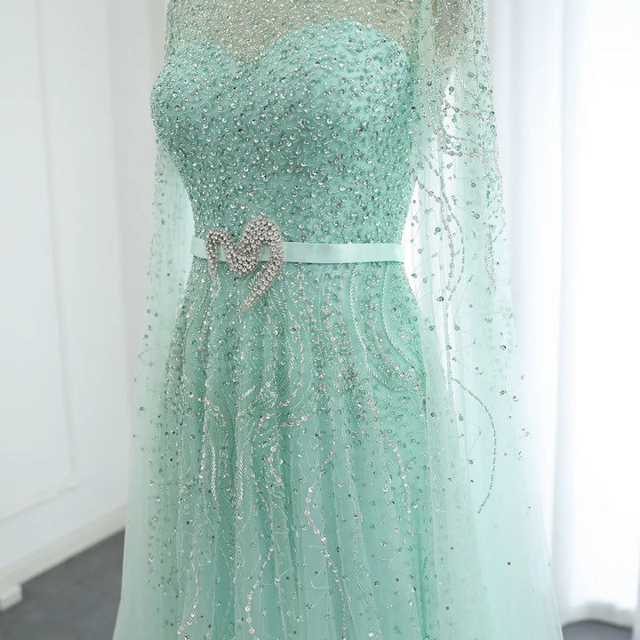 Luxury Blue Arabic Evening Dress with Cape Sleeves SS451
