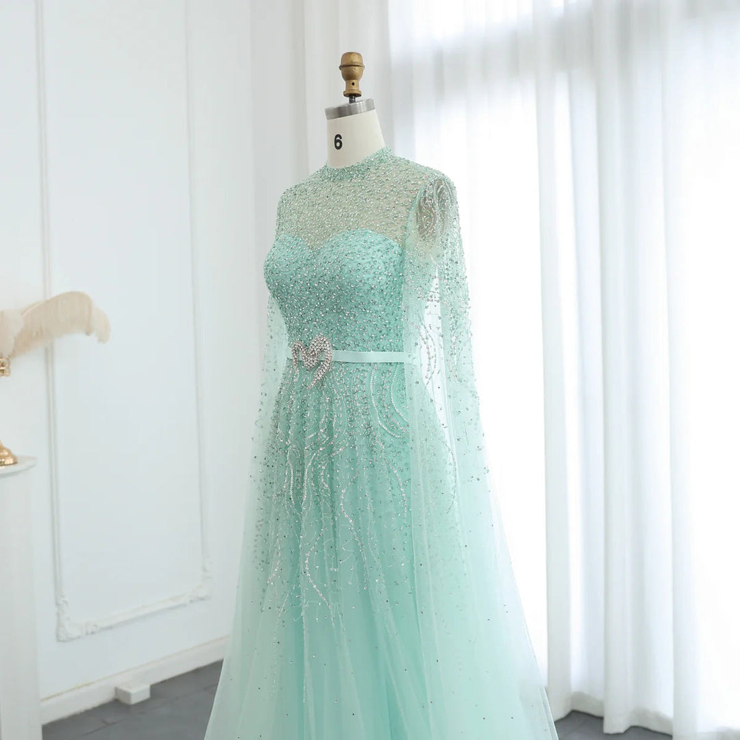 Luxury Blue Arabic Evening Dress with Cape Sleeves SS451