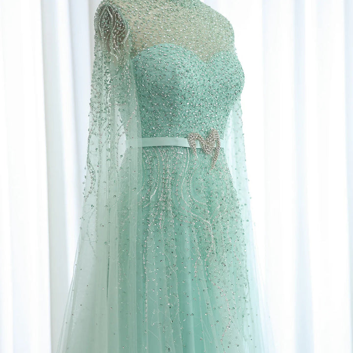 Luxury Blue Arabic Evening Dress with Cape Sleeves SS451