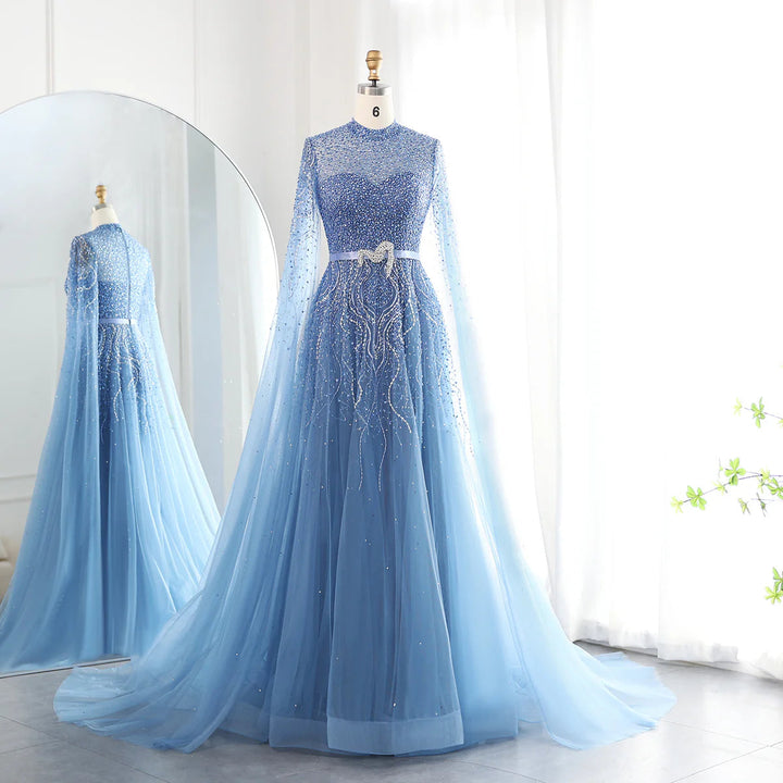 Luxury Blue Arabic Evening Dress with Cape Sleeves SS451