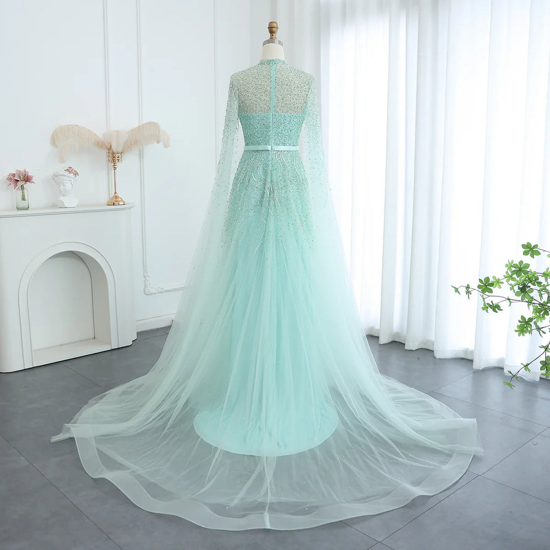 Luxury Blue Arabic Evening Dress with Cape Sleeves SS451