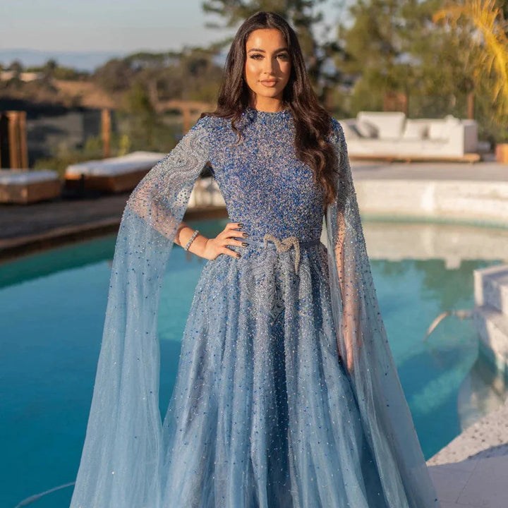 Luxury Blue Arabic Evening Dress with Cape Sleeves SS451