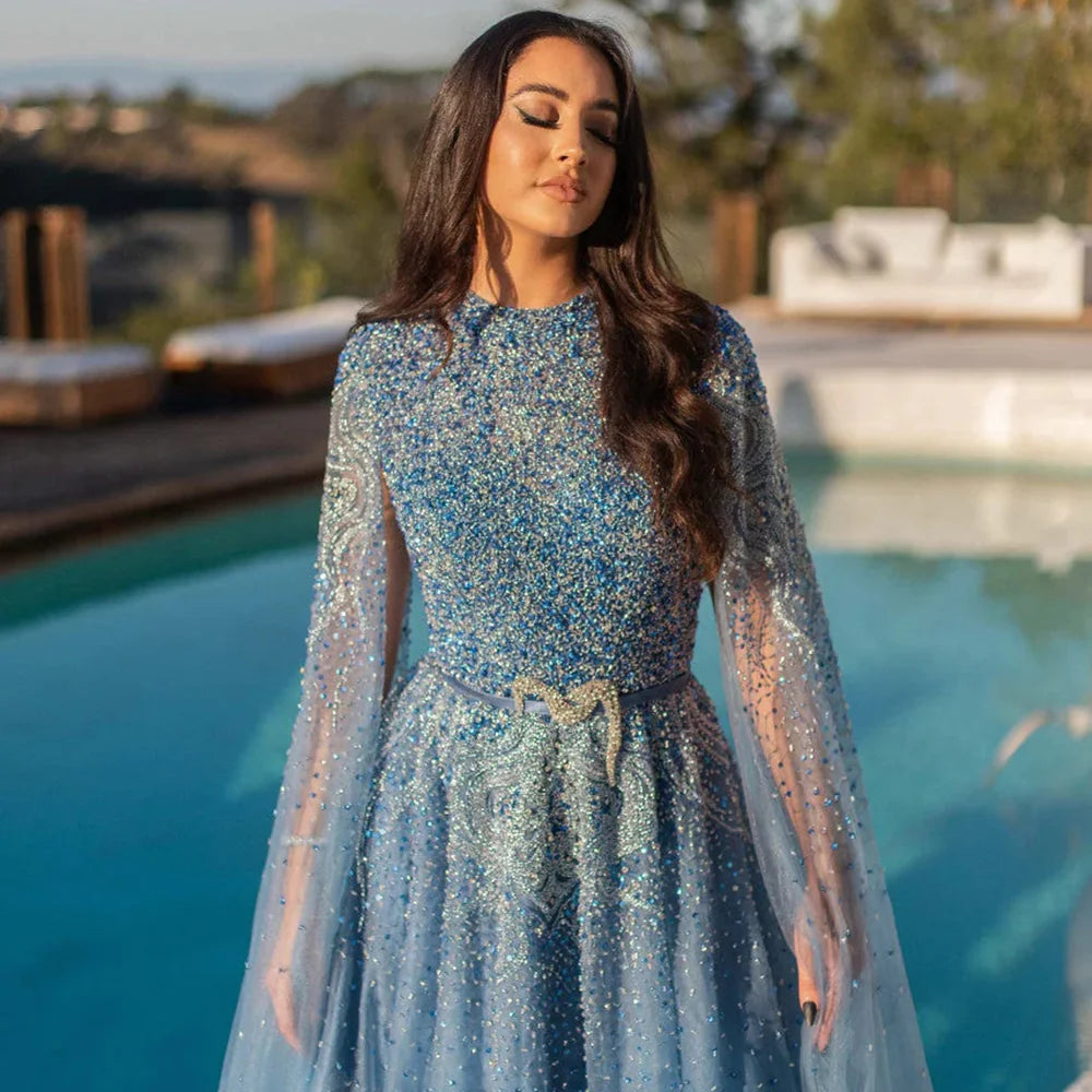 Luxury Blue Arabic Evening Dress with Cape Sleeves SS451