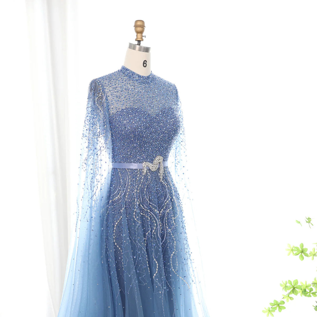 Luxury Blue Arabic Evening Dress with Cape Sleeves SS451