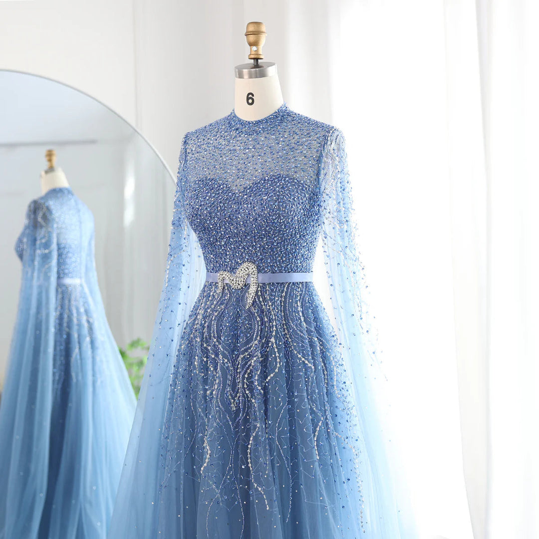 Luxury Blue Arabic Evening Dress with Cape Sleeves SS451