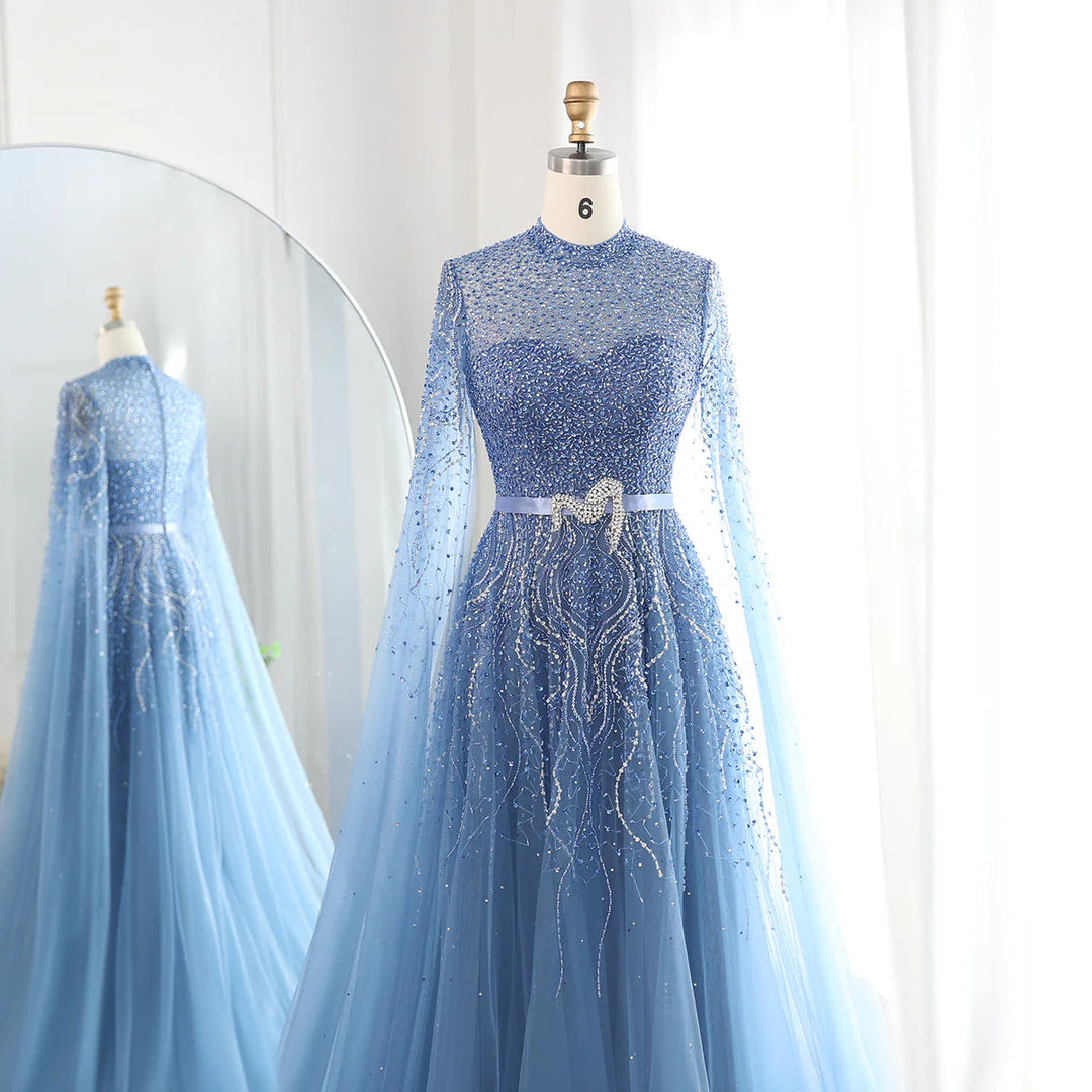 Luxury Blue Arabic Evening Dress with Cape Sleeves SS451
