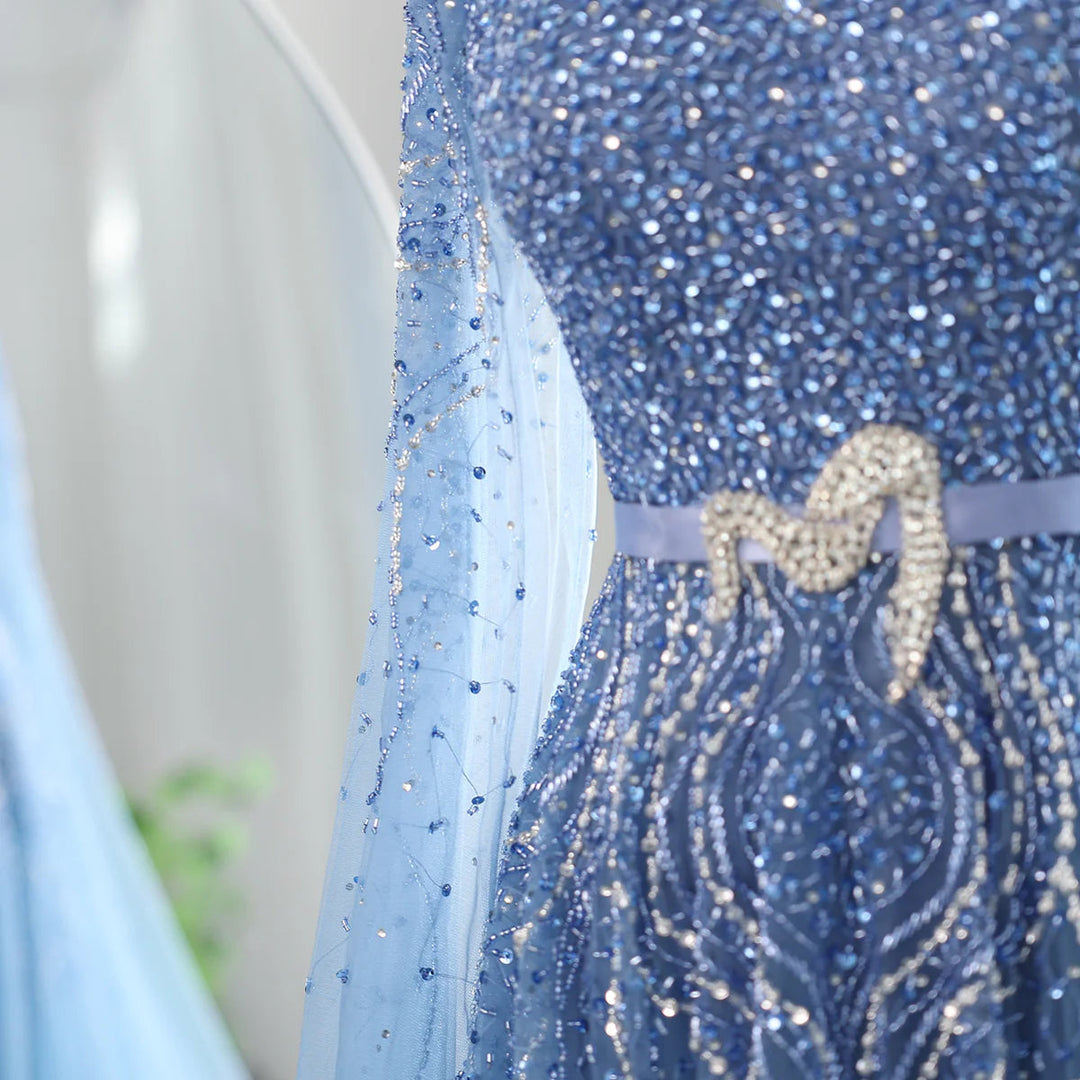 Luxury Blue Arabic Evening Dress with Cape Sleeves SS451