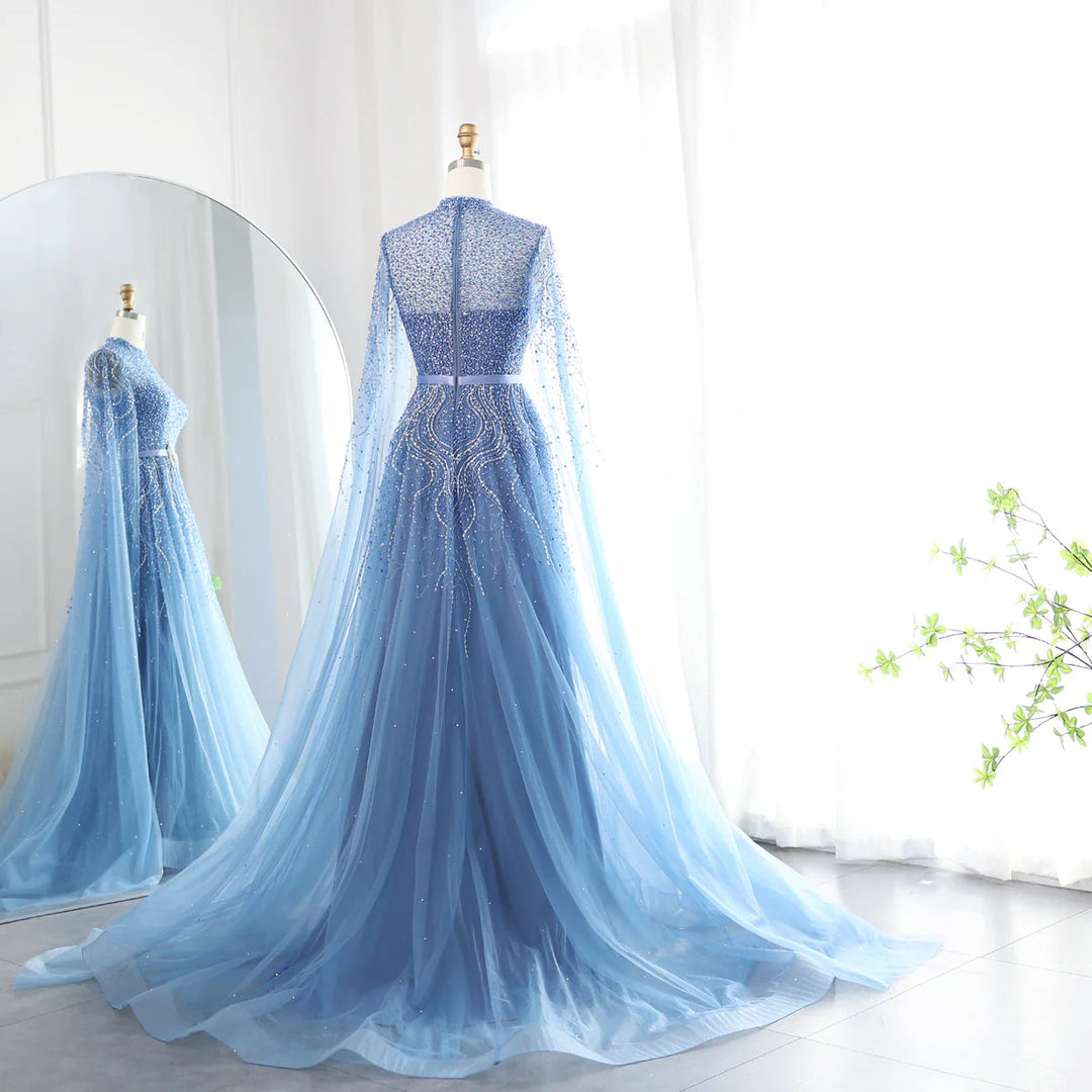 Luxury Blue Arabic Evening Dress with Cape Sleeves SS451