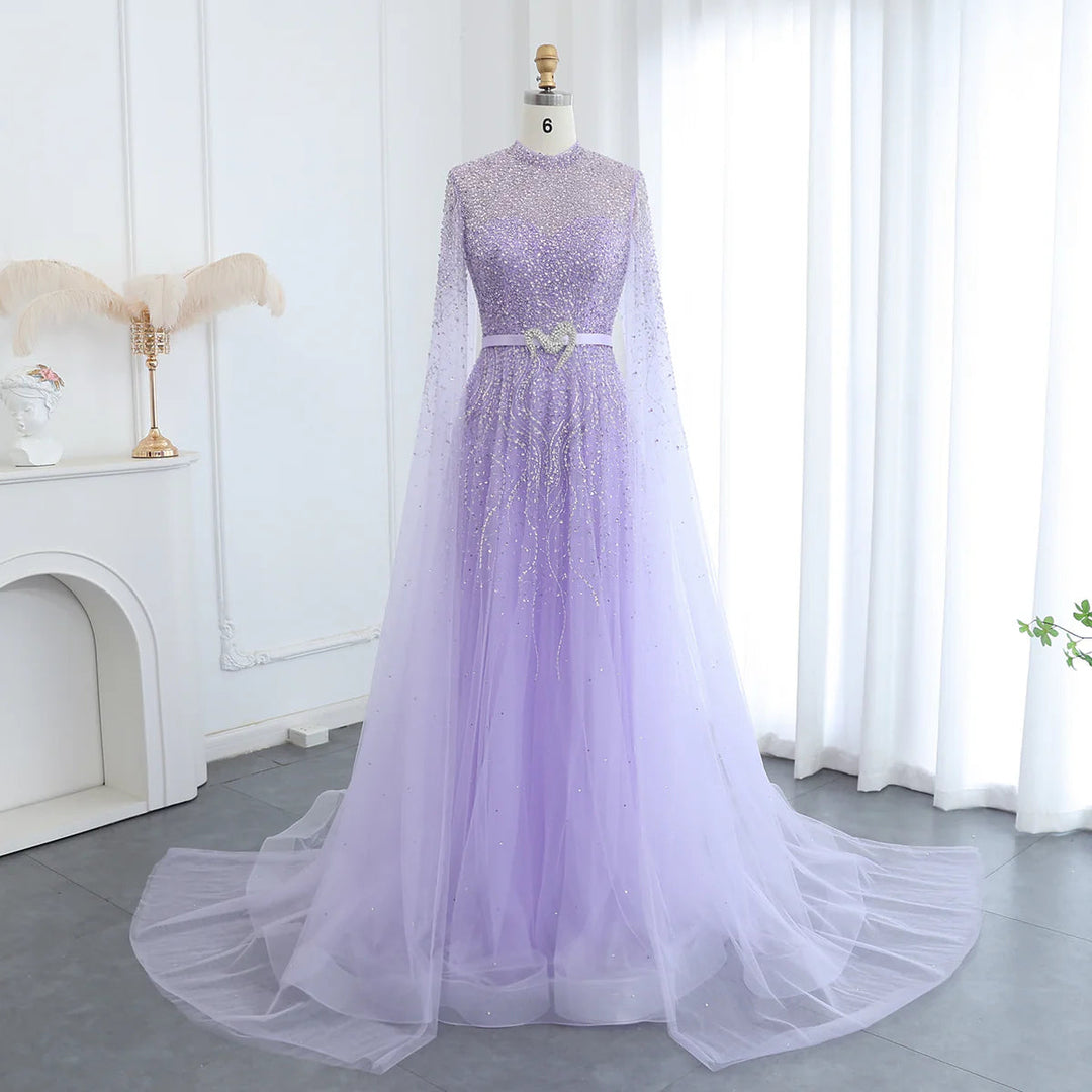 Luxury Blue Arabic Evening Dress with Cape Sleeves SS451