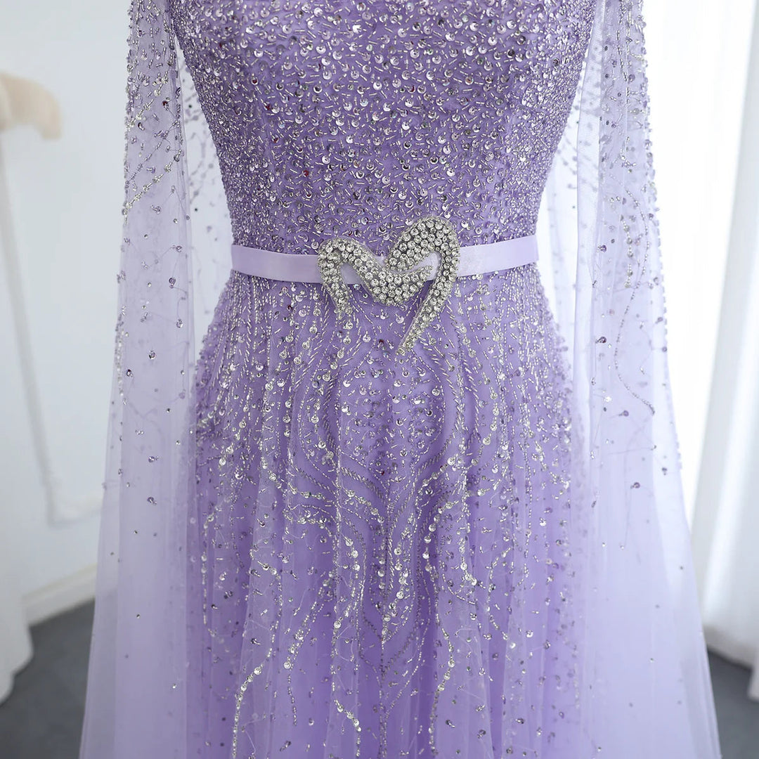 Luxury Blue Arabic Evening Dress with Cape Sleeves SS451
