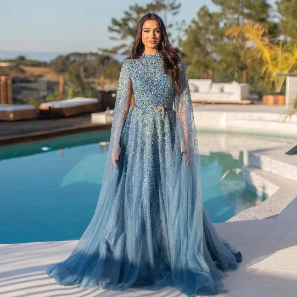 Luxury Blue Arabic Evening Dress with Cape Sleeves SS451