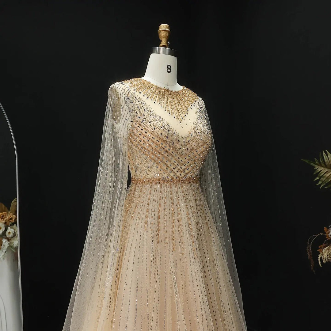 Luxury Blue Beaded Evening Dress with Cape Sleeves SS054-DreamyVow